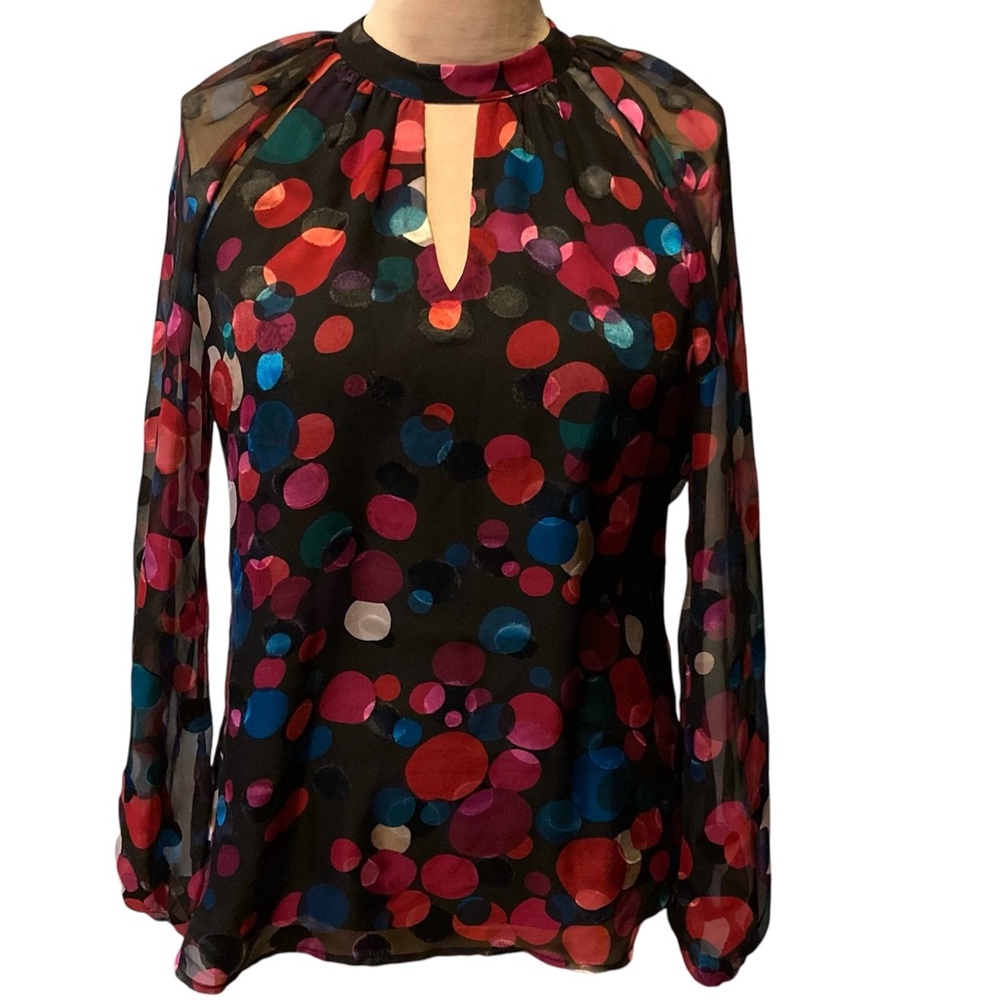 Trina Turk Greyhound Multicolor Polka Dot Blouse w/Full Sleeves and Keyhole Neck - Picture 2 of 12